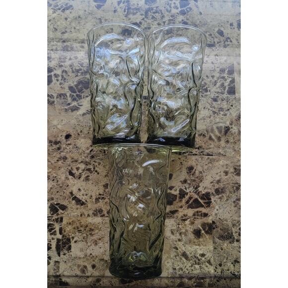 Vintage Libbey Avocado Green Crackle Pattern Juice Drinking Glasses Set of 3 - Picture 1 of 10